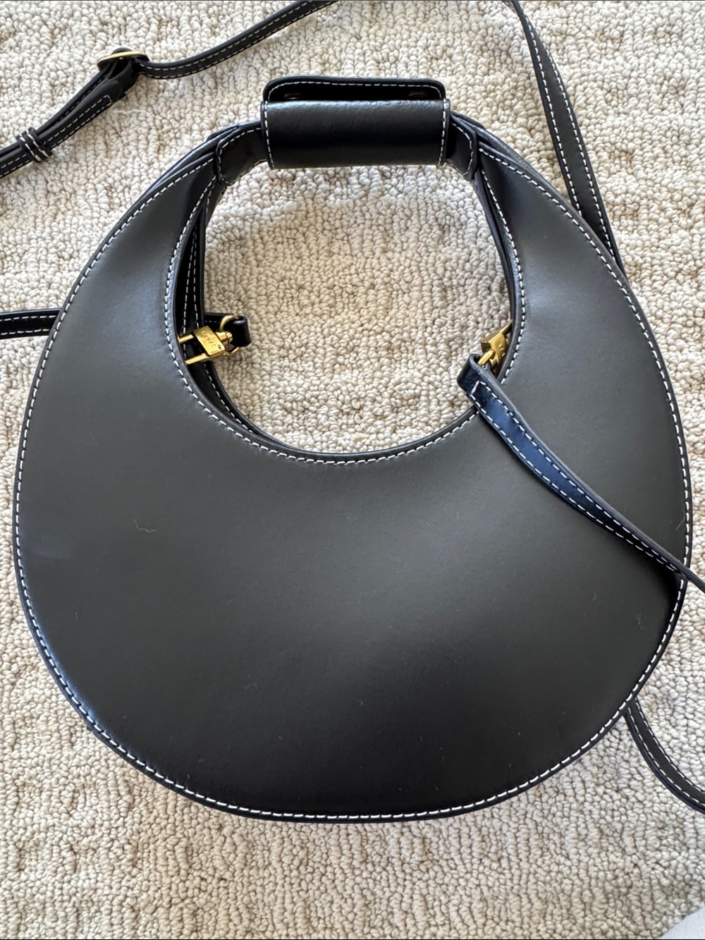 STAUD Black Leather Moon Bag with Gold Hardware Detachable Strap - Picture 4 of 9